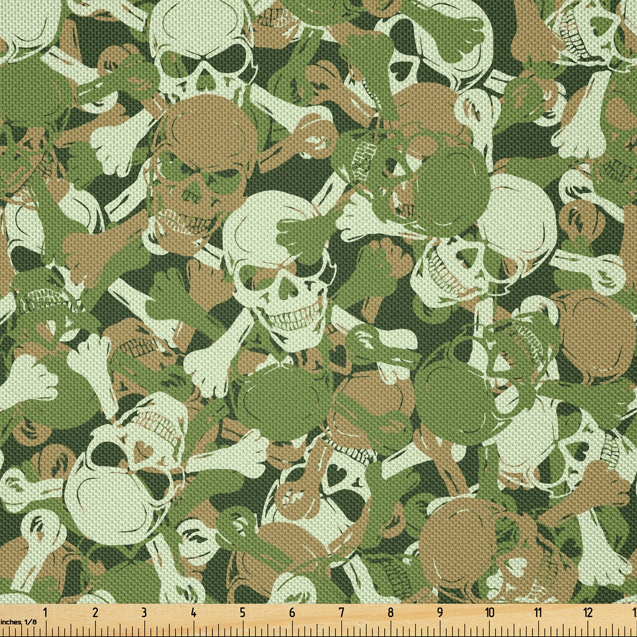 Ambesonne Camo Fabric by The Yard, Sketchy Skulls and Crossbones Warning Sign Spooky Scary Horror Tile, Decorative Satin Fabric for Home Textiles and Crafts, 5 Yards, Green Brown
